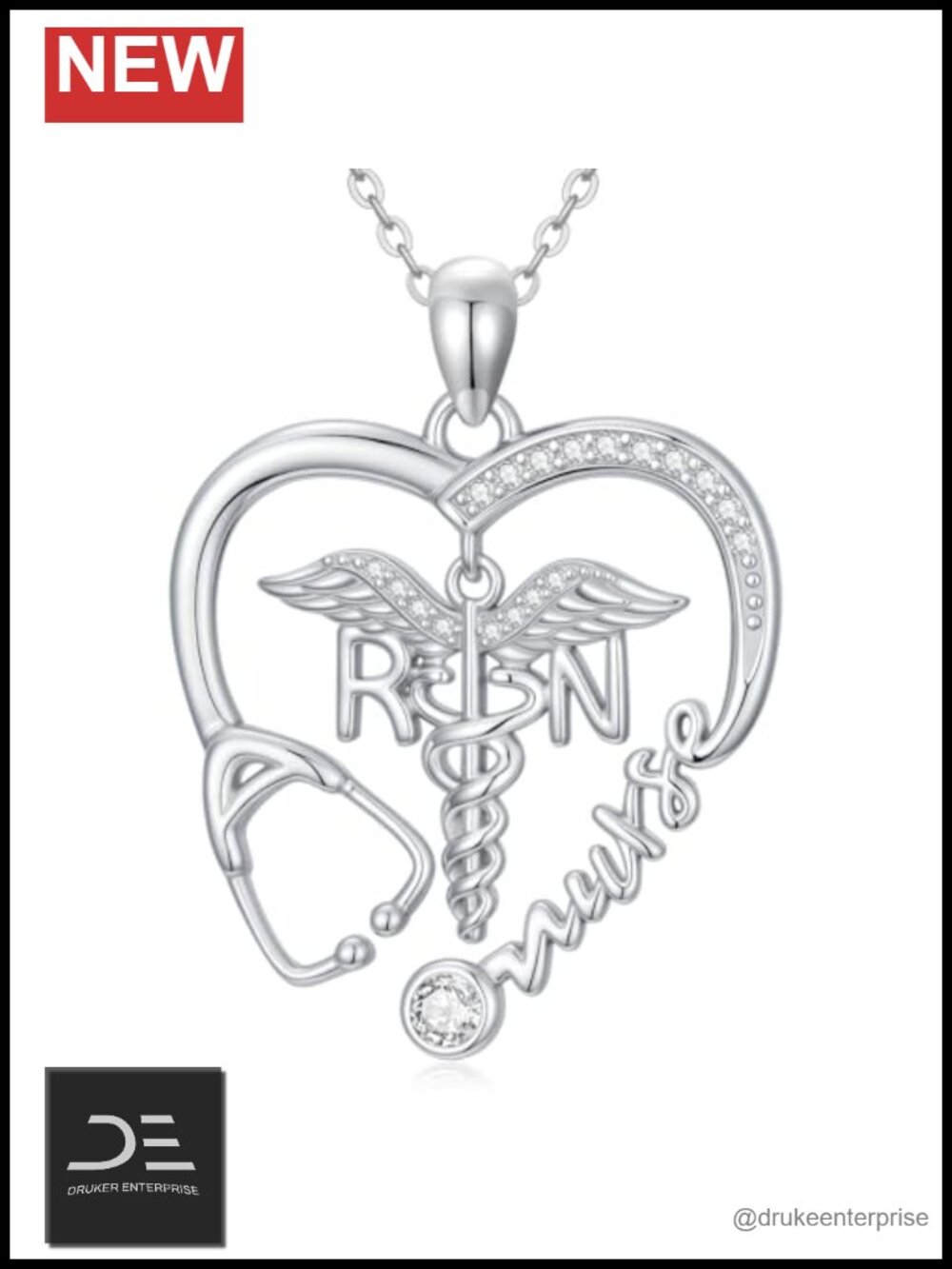 Nurse Necklace 925 Sterling Silver Pendant Stethoscope Caduceus RN Gift Women